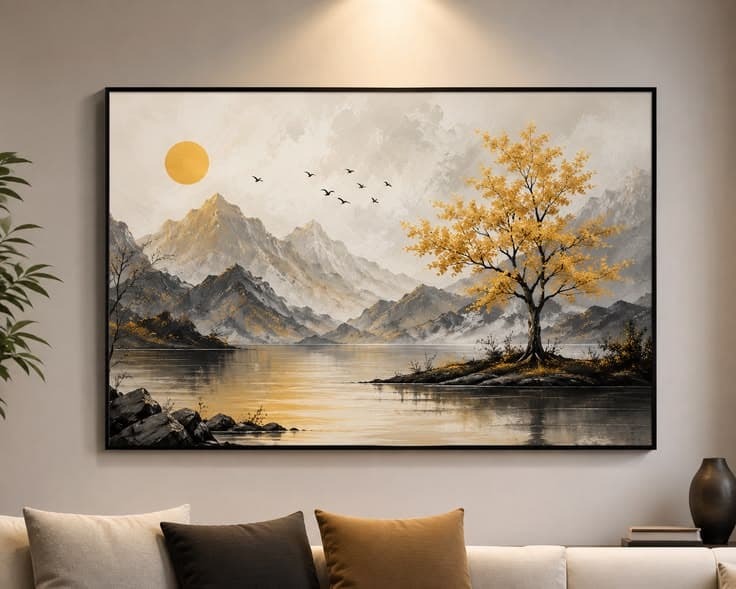 Golden Serenity – Modern Mountain Landscape Framed Wall Art